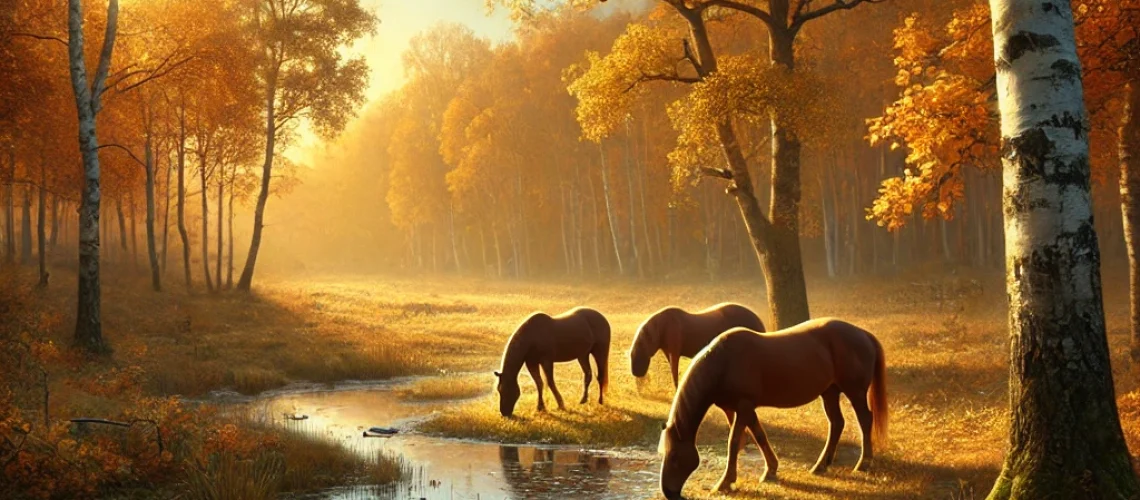 DALL·E 2024-09-26 19.40.52 - An autumn landscape with horses. The scene is set in a forest with golden and orange leaves on trees, and the ground covered in a blanket of fallen le